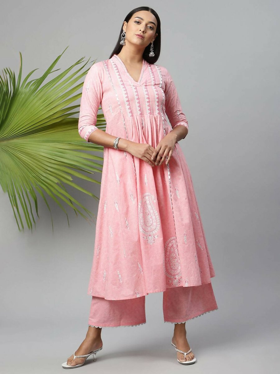 Ahalyaa Womens Pink Pure Cotton Printed Kurta Palazzo Set