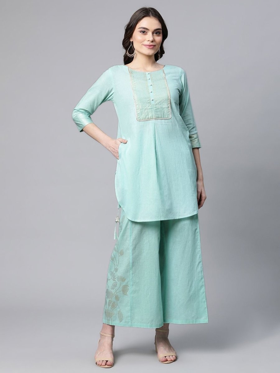 Ahalyaa Women Teal Pure Cotton Gold Foil Printed Pakistani Style Kurta Palazzo Set