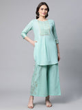 Ahalyaa Women Teal Pure Cotton Gold Foil Printed Pakistani Style Kurta Palazzo Set
