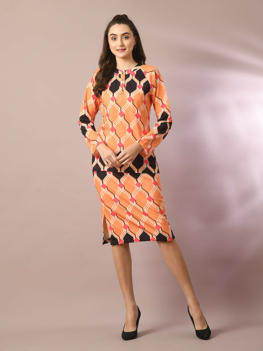 Myshka Women's Multi Printed Round Neck Party Top With Skirt Co-ord set
