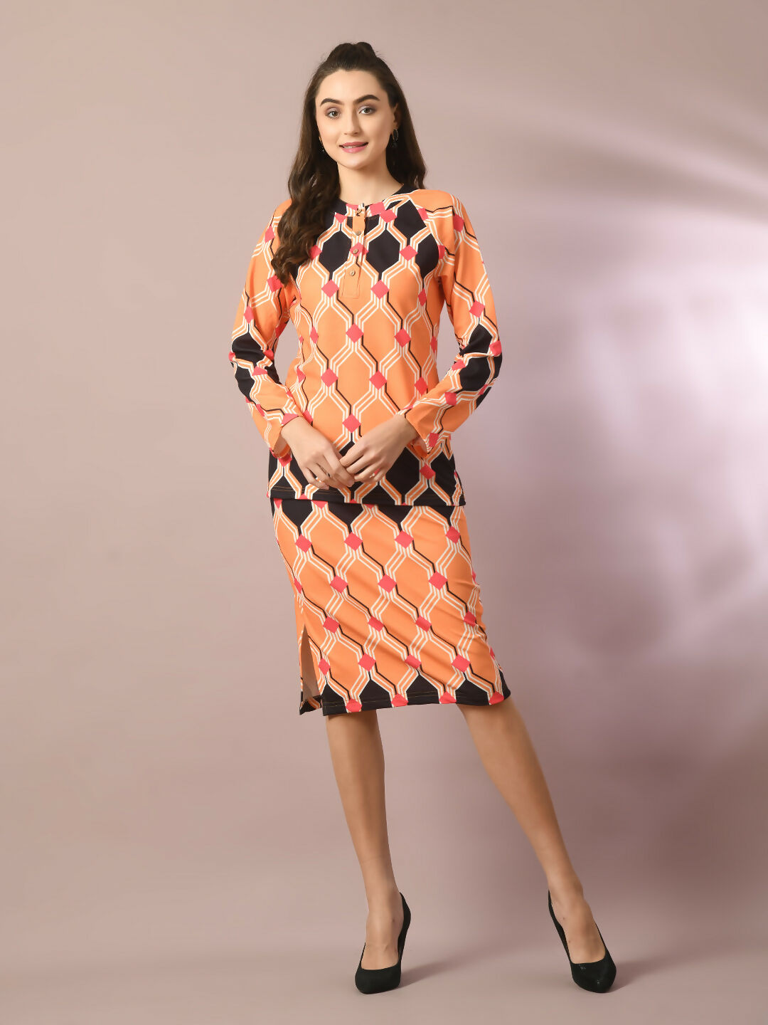 Myshka Women's Multi Printed Round Neck Party Top With Skirt Co-ord set