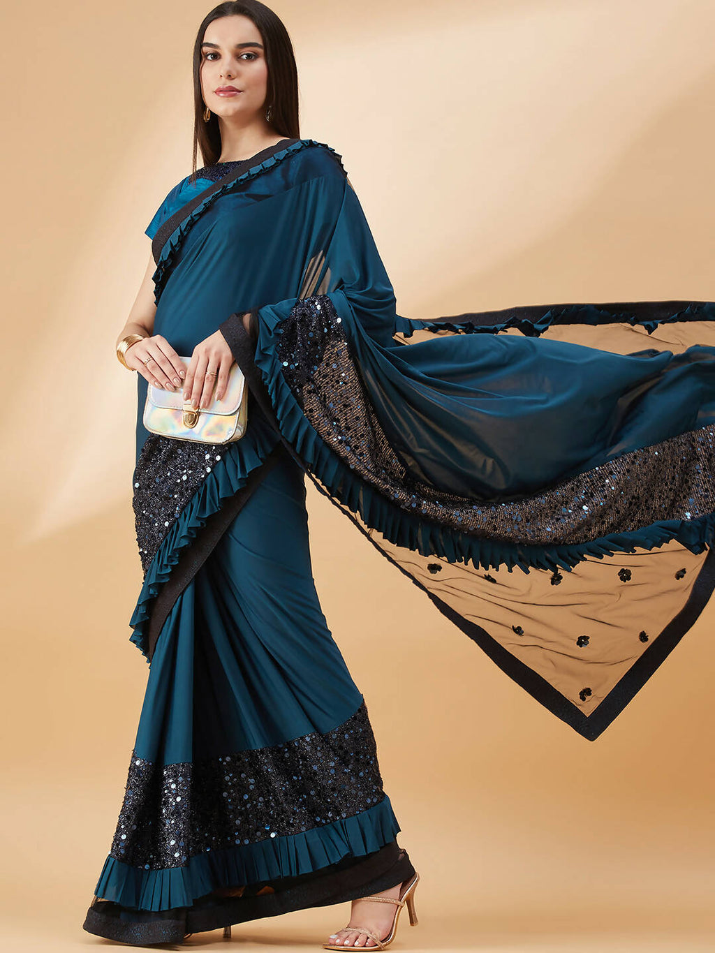 Peacock Blue Lycra Sequins Fabric. Frill Details, Handwork Buttis Saree - Norita Hit Design