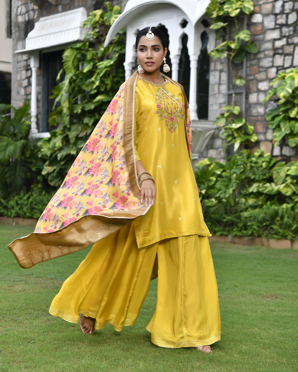 Vaasva Women's Silk Mustard Emboidered Solid Kurta, Sharara & Dupatta Set