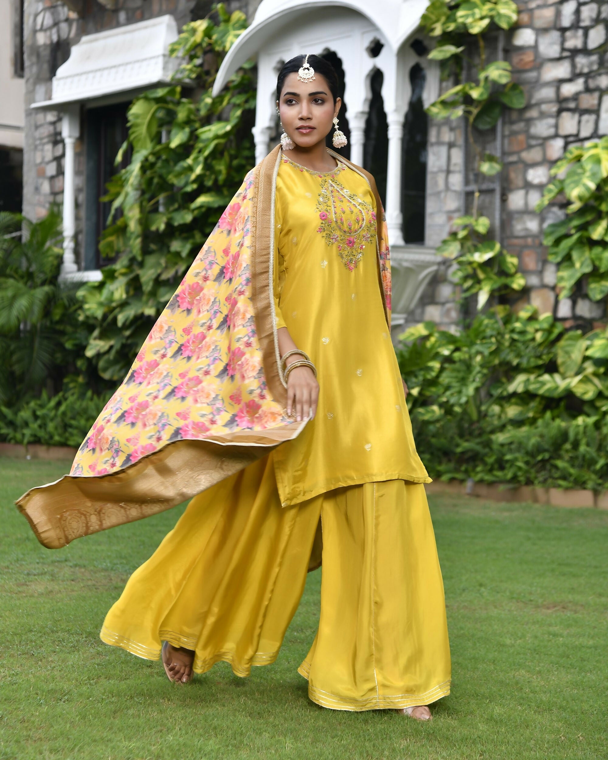 Vaasva Women's Silk Mustard Emboidered Solid Kurta, Sharara & Dupatta Set