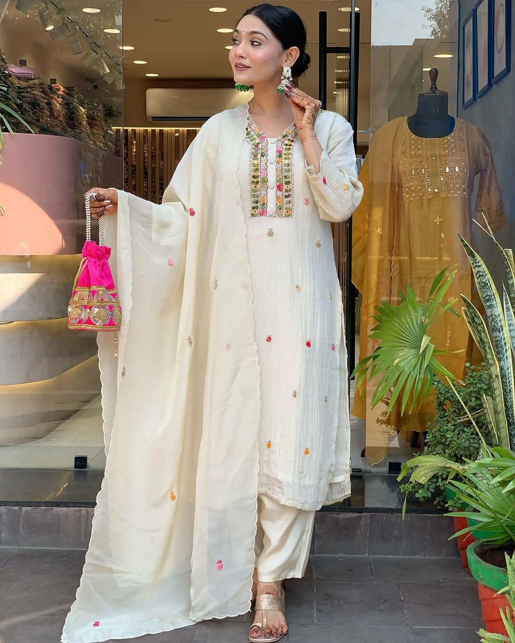 The52 Off White Women's Gorgeous Chinon Fabric Embroidered Work Straight Kurta Pant and Dupatta Set