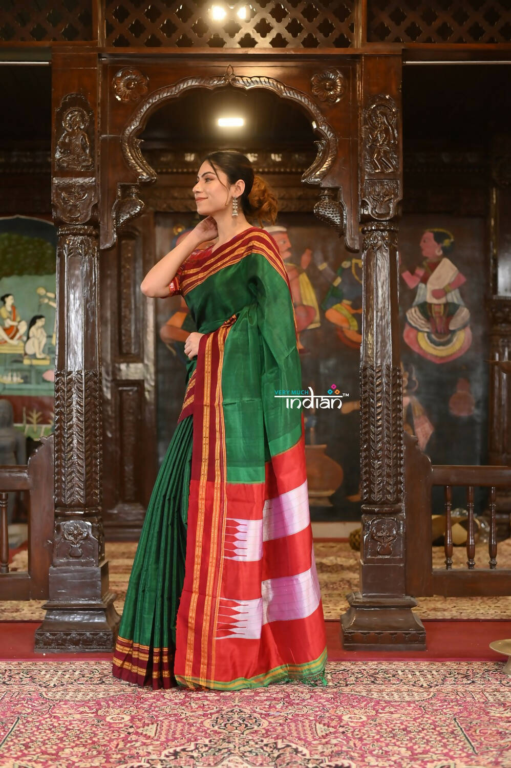 Very Much Indian Handloom Cotton Viscose Ilkal Saree Bright Green With Red Border