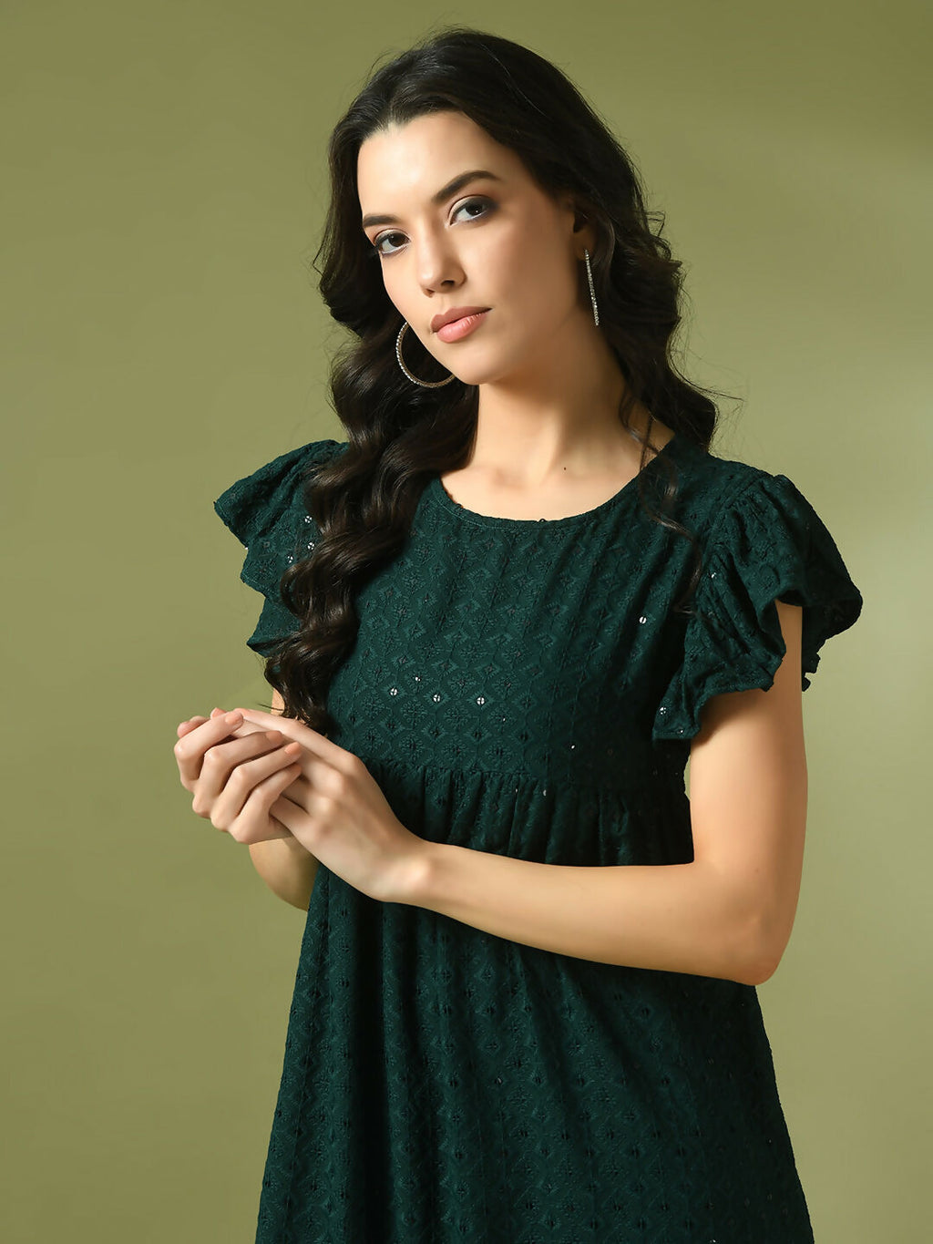 Myshka Women's Green Embroidered Cotton Round Neck A-Line Party Dress