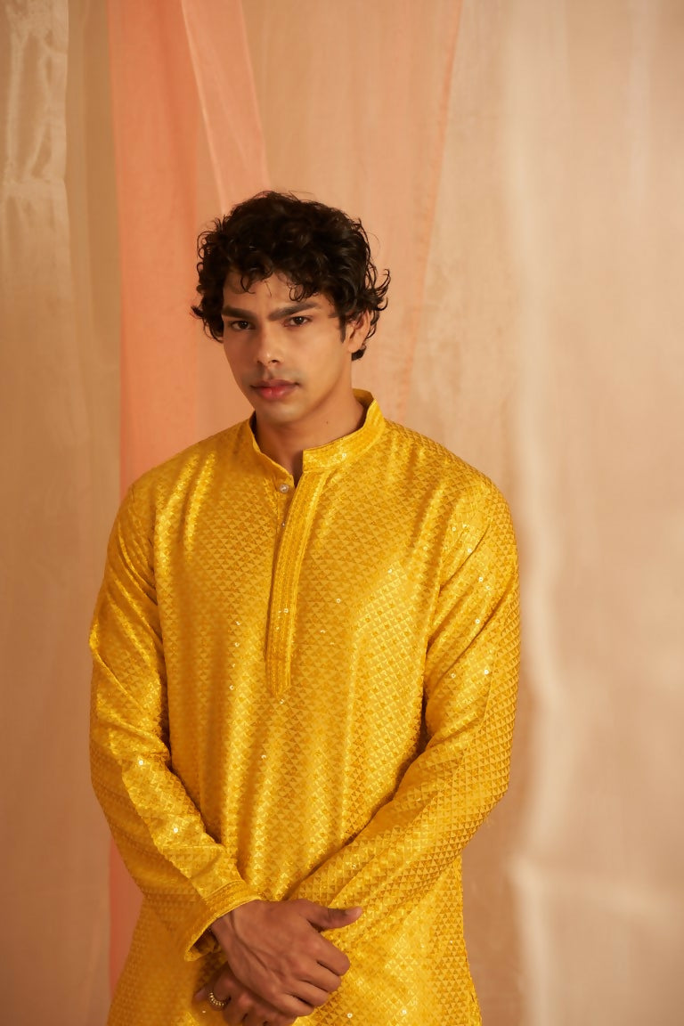 Yellow Viscose Chikankari Embroidery Work Men's Traditional Kurta Set - Mahotsav