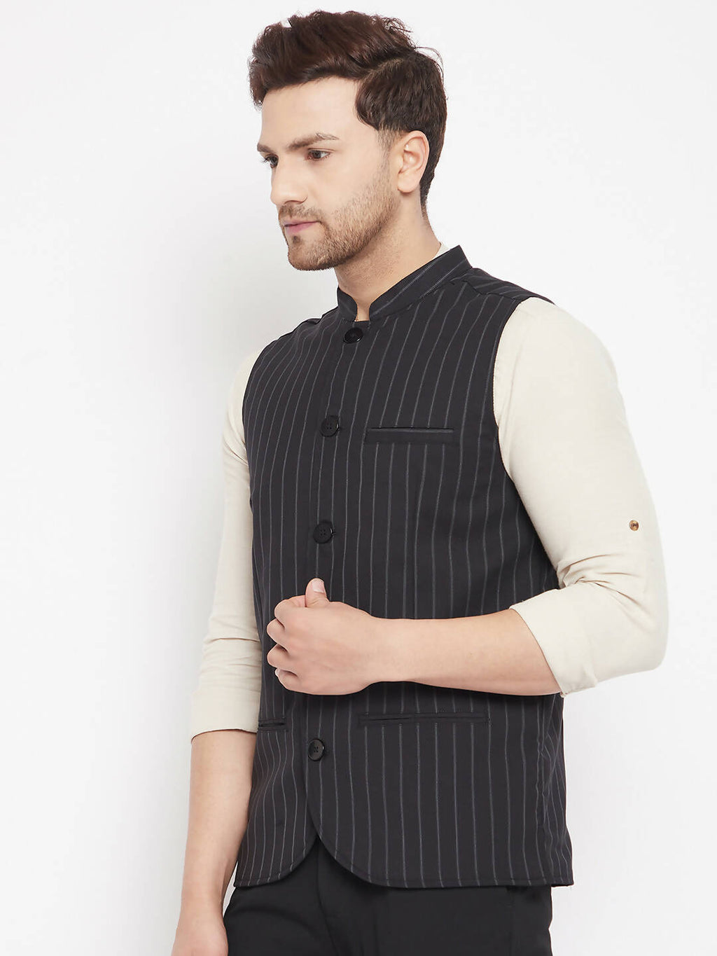 Even Apparels Black Merino Men Woven Nehru Jacket