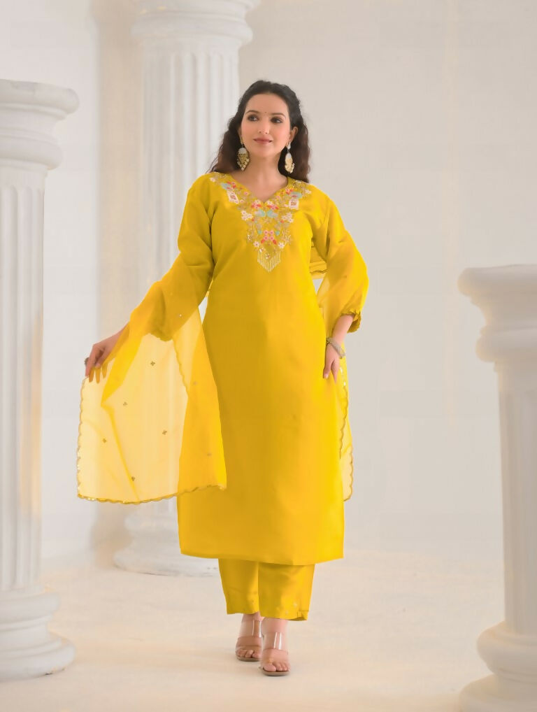 Ethnic Festive Wear Viscose Chanderi Yellow Stitched Suit With Dupatta - Tanisha