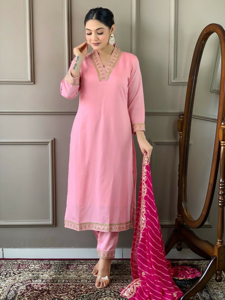 Partywear Designer Viscose Silk Blend Pink Stitched Suit With Dupatta - Tanisha