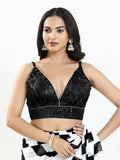 Joban Fashion Black Satin Crush Padded Blouse With V Neck Sleeveless