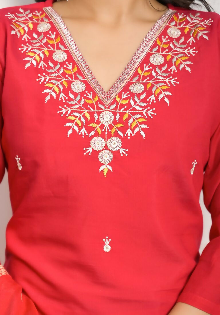 Festive Wear Ethnic Red Viscose Chanderi Stitched Suit With Dupatta - Tanisha