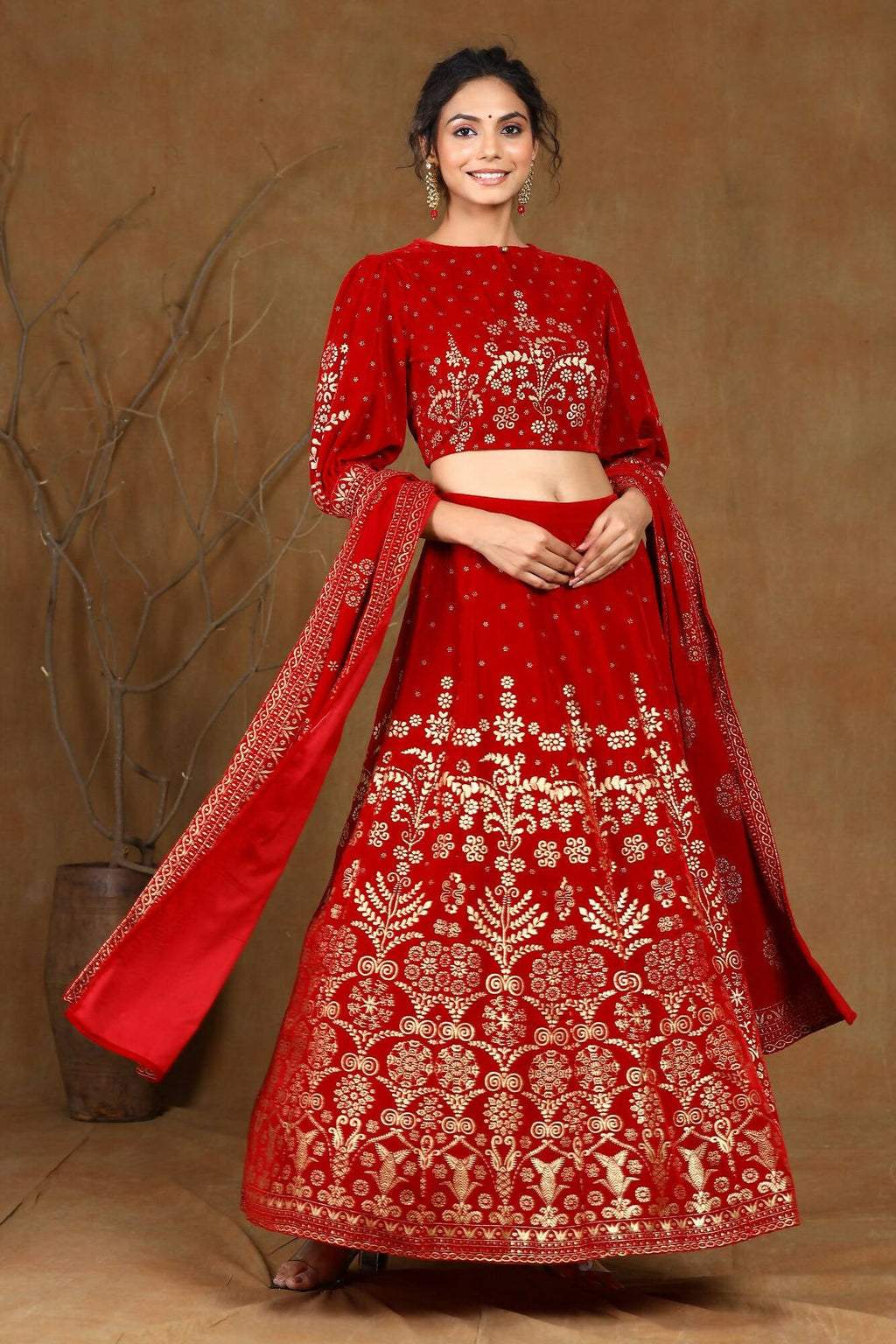 Juniper Women Maroon Velvet Printed Flared Lehenga Choli Sets