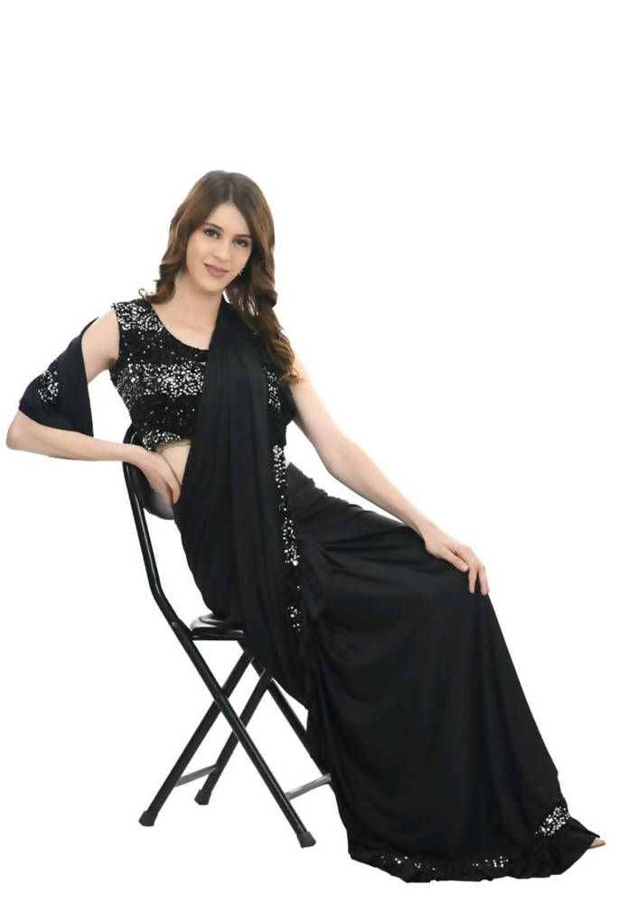 Mominos Fashion All Season Wear Black Ruffled Ready To Wear Saree