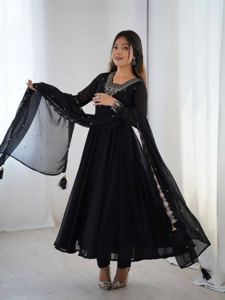 Teeya Creation Black Color Pure Soft Georgette Embroidery Work Gown