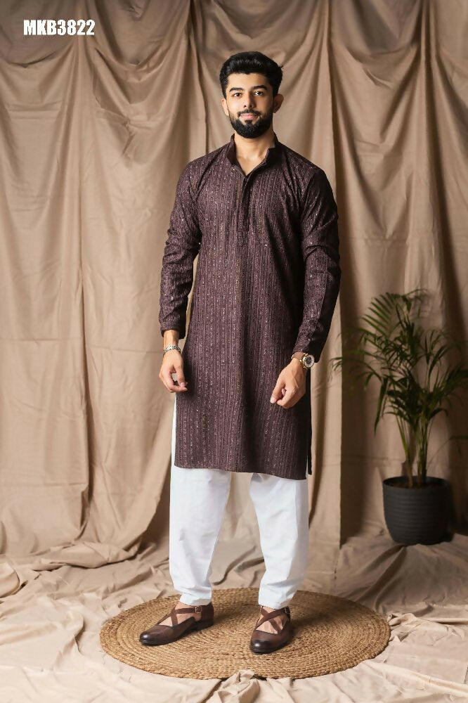 Dark Brown Rayon Thread Embroidery Work Kurta Set - Mahotsav