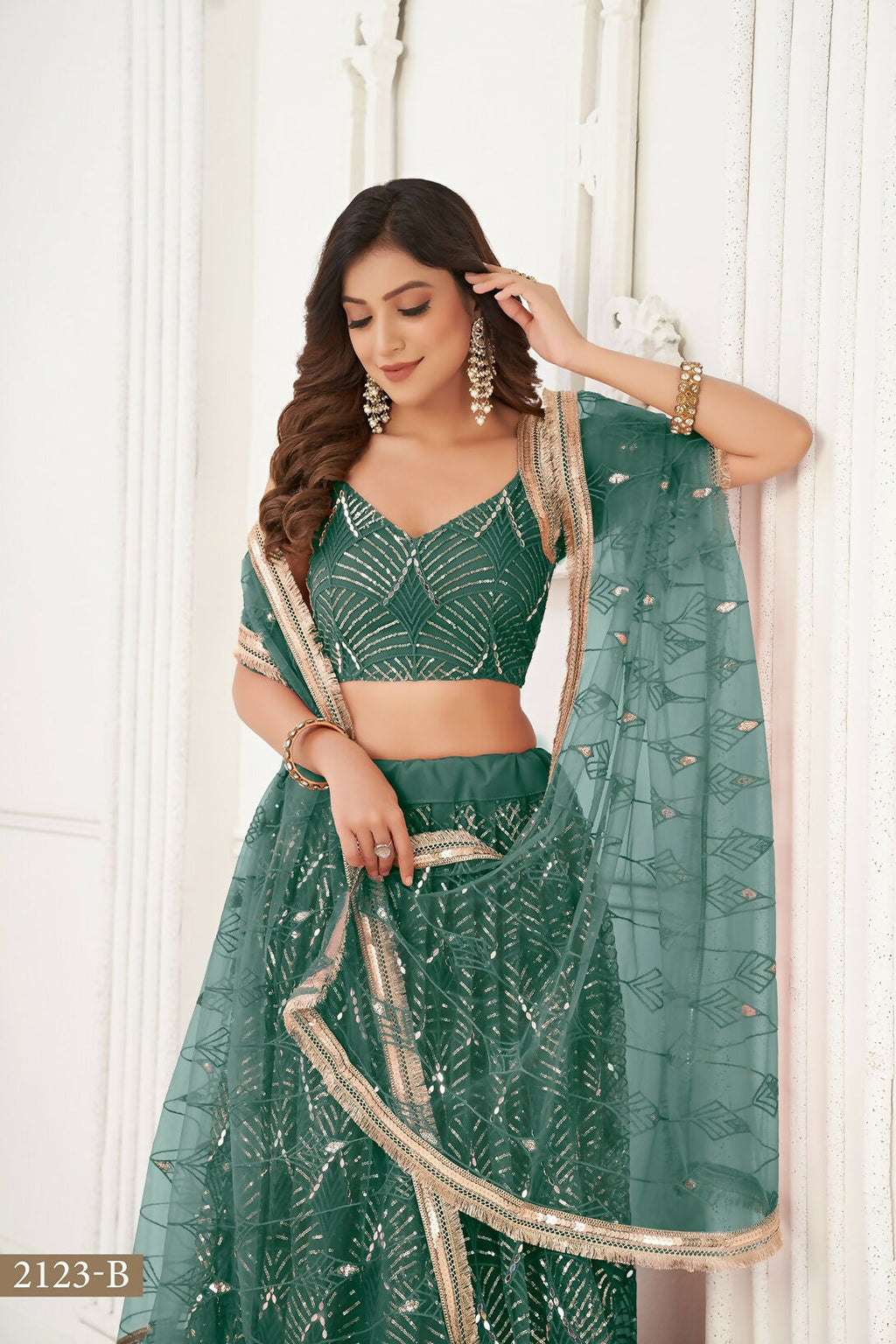 Eilara Glamorous Bottle Green Net With Sequins And Thread Embroidery Real Mirror Work Lehenga Choli For Wedding