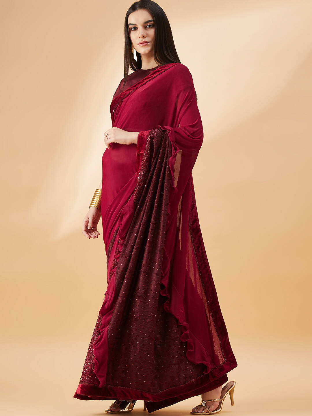 Maroon Lycra Embossed Fancy Velvet, Sequins Embroidery, Frill Details Saree - Norita Hit Design