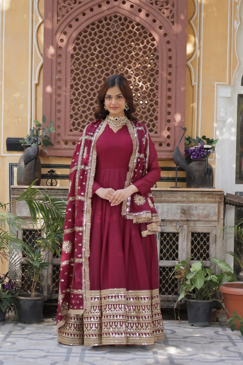 Vastranavya Star Georgette with Embroidery Zari Sequins-work Gown & Dupatta - Maroon
