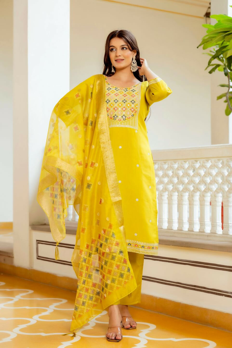 The52 Yellow Women's Beautiful Embroidered Viscose Shimmer Fabric with Straight Kurta, Pant and Dupatta Set