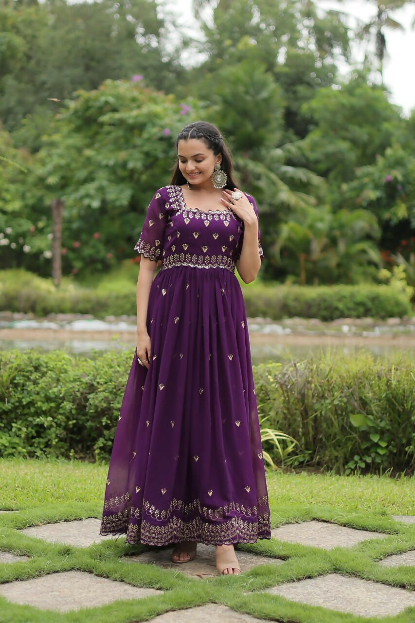 Vastranavya Premium Designer Faux Blooming with Embroidery Zari Sequins work Gown - Purple