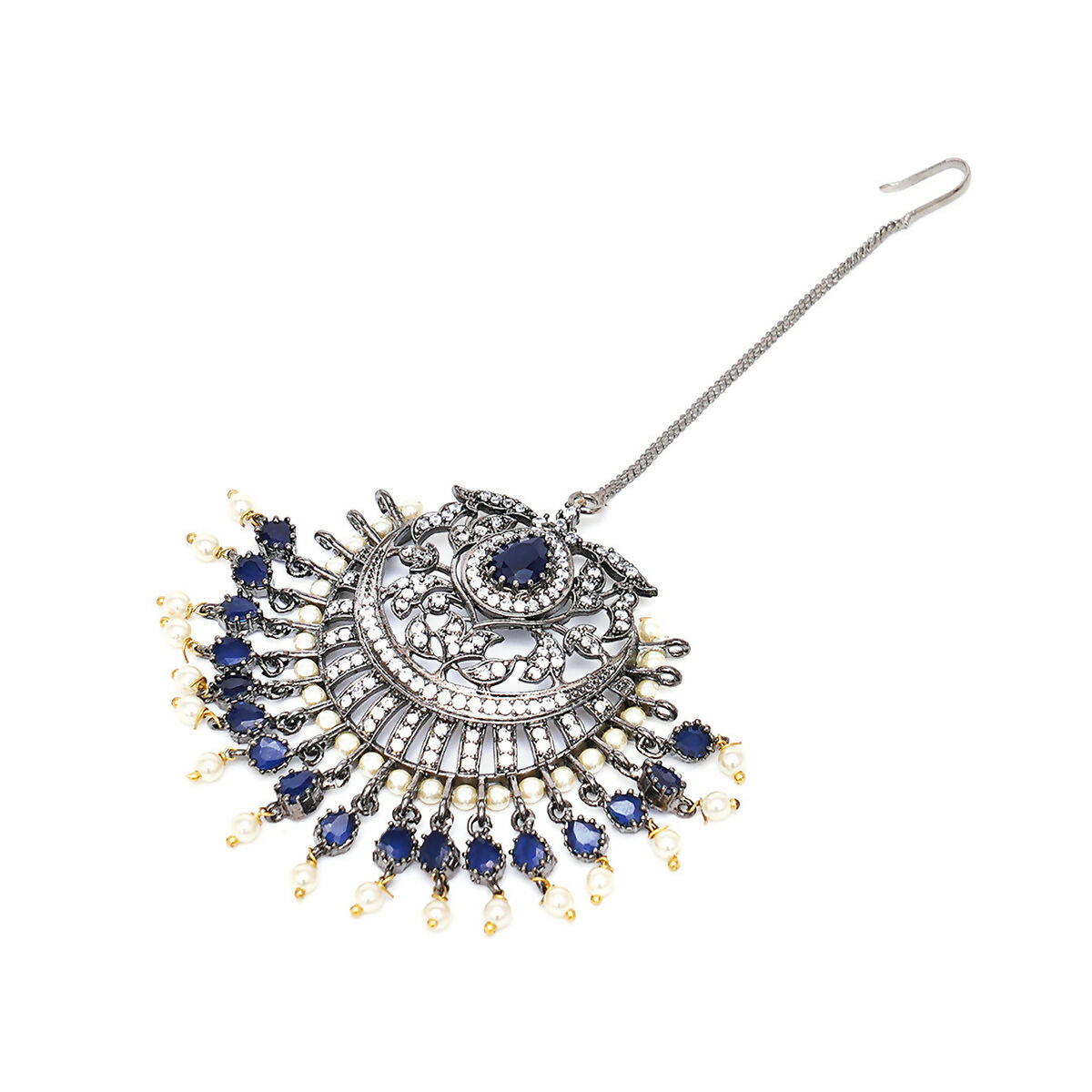 Oversized Diamond & Blue Stone Maang Tikka- Ruby Raang