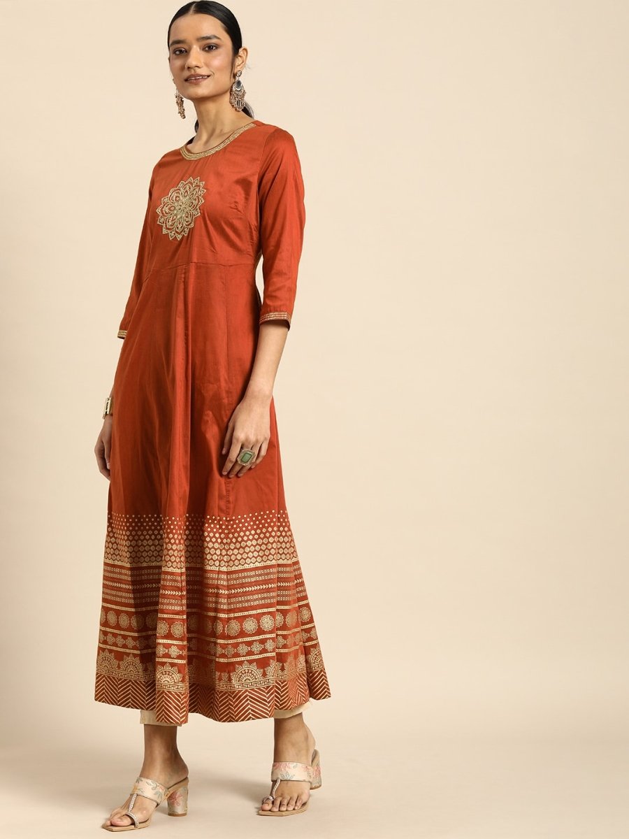 All About You Women Orange& Cream Embroidered Kurta with Dupatta