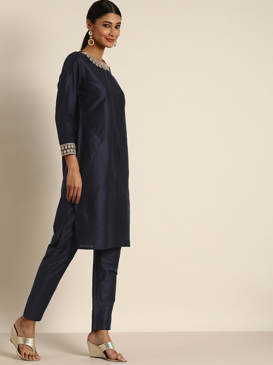All About You Women Navy Blue & Golden Satin Finish Kurta with Trousers & With Dupatta