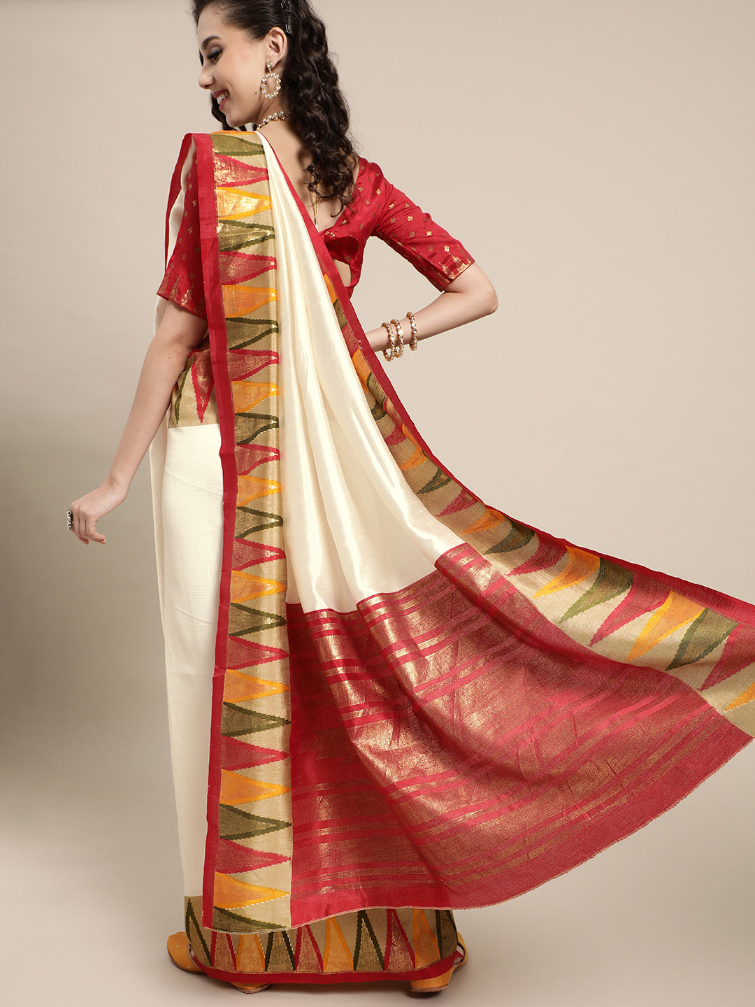 Saree Mall Off White Solid Chanderi Saree