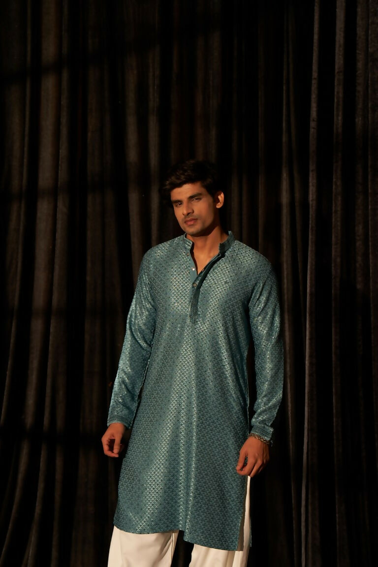 Blue viscose Chikankari Embroidery Work Men's Traditional Kurta Set - Mahotsav