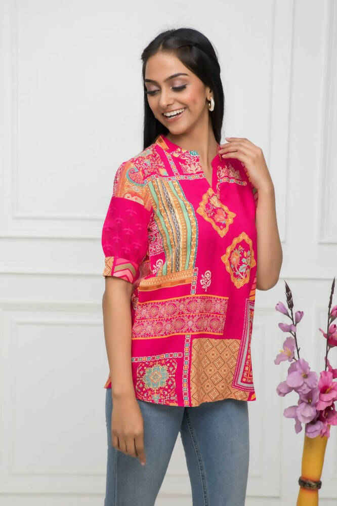 Myshka Women Red Floral Mandarin Collar Regular Sleeves Viscose Rayon Top