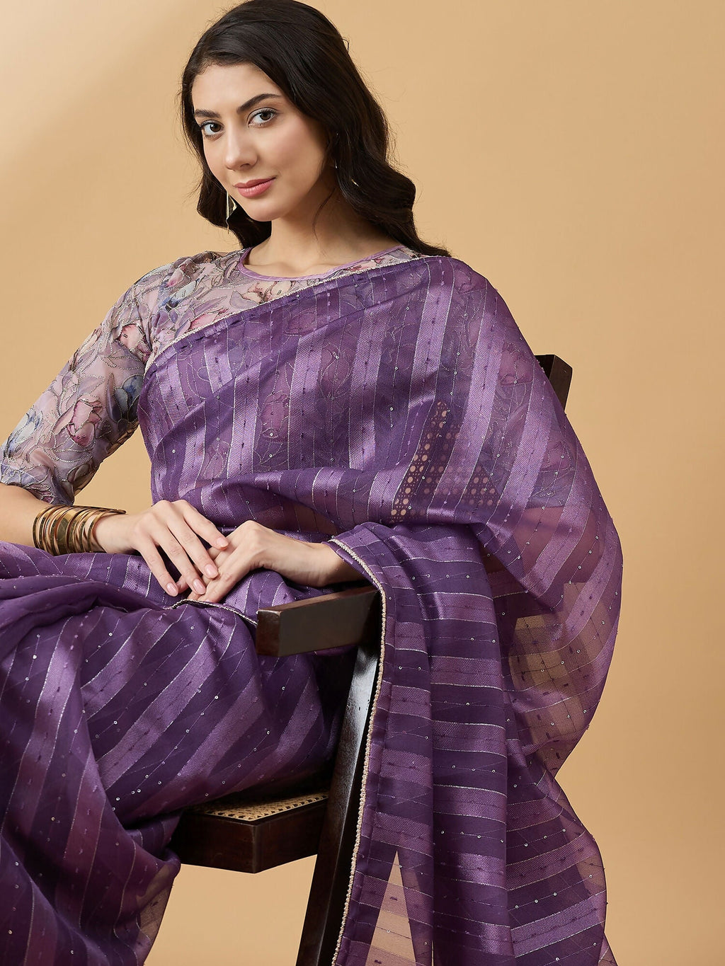 Purple Cotton Blend Sequence Work Saree with Stitched Blouse - Dharavi