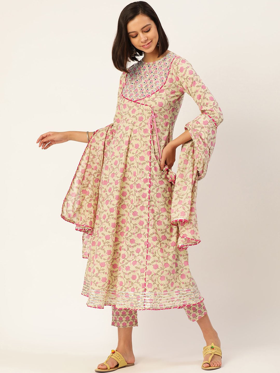HERE&NOW Women Pink Floral Printed Angrakha Pure Cotton Kurta with Trousers & With Dupatta