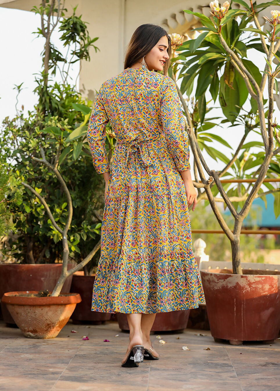 Kaajh Women's Yellow Floral Handblock Print Cotton Dress