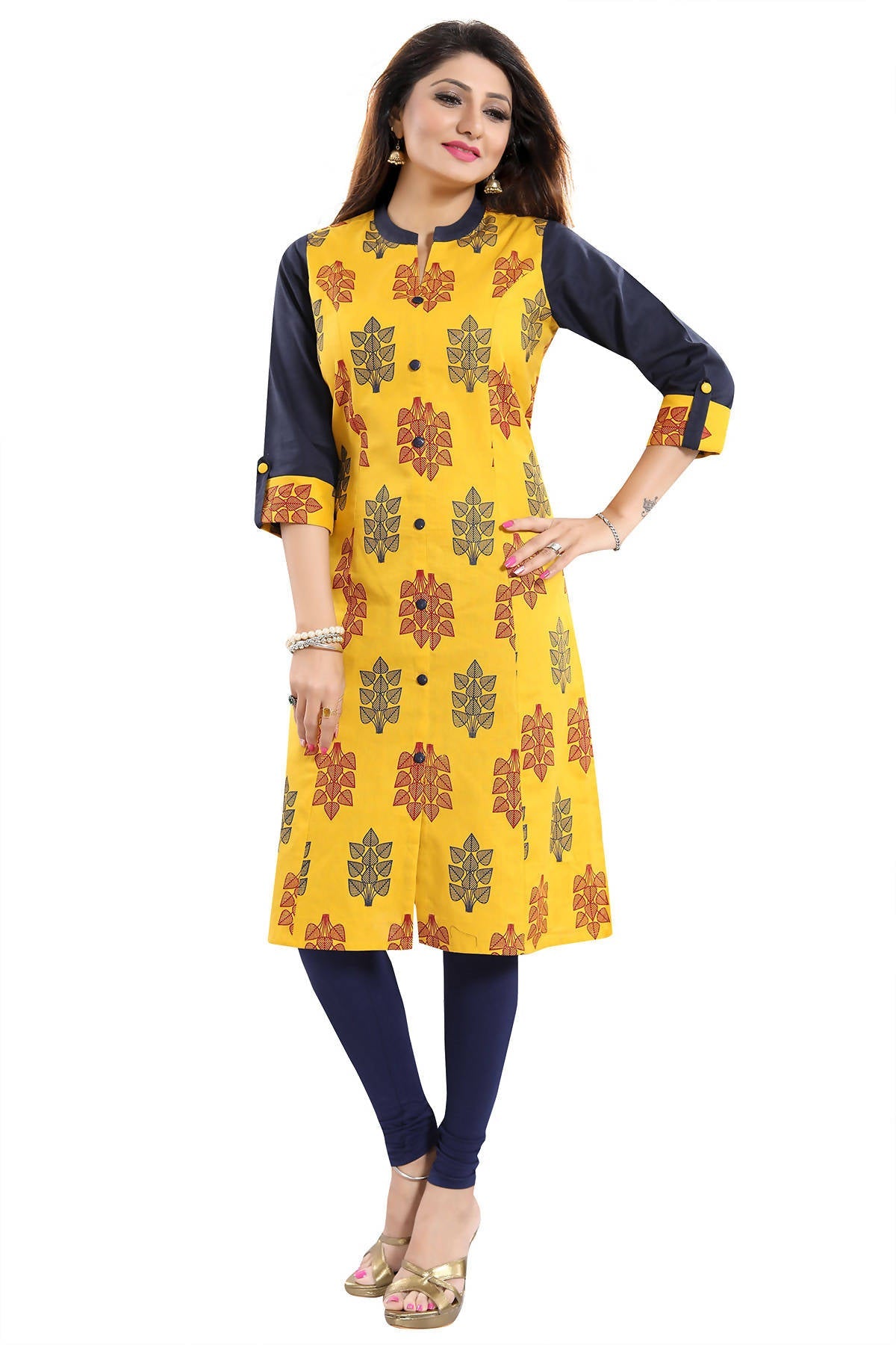 Snehal Creations Luscious Lemon Yellow Shirt Style Cotton Printed Tunic