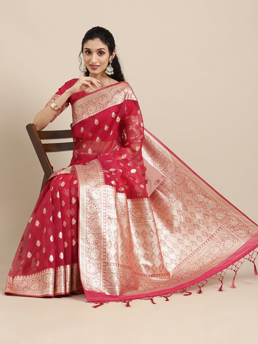Saree Mall Red Ethnic Motifs Zari Organza Banarasi Saree