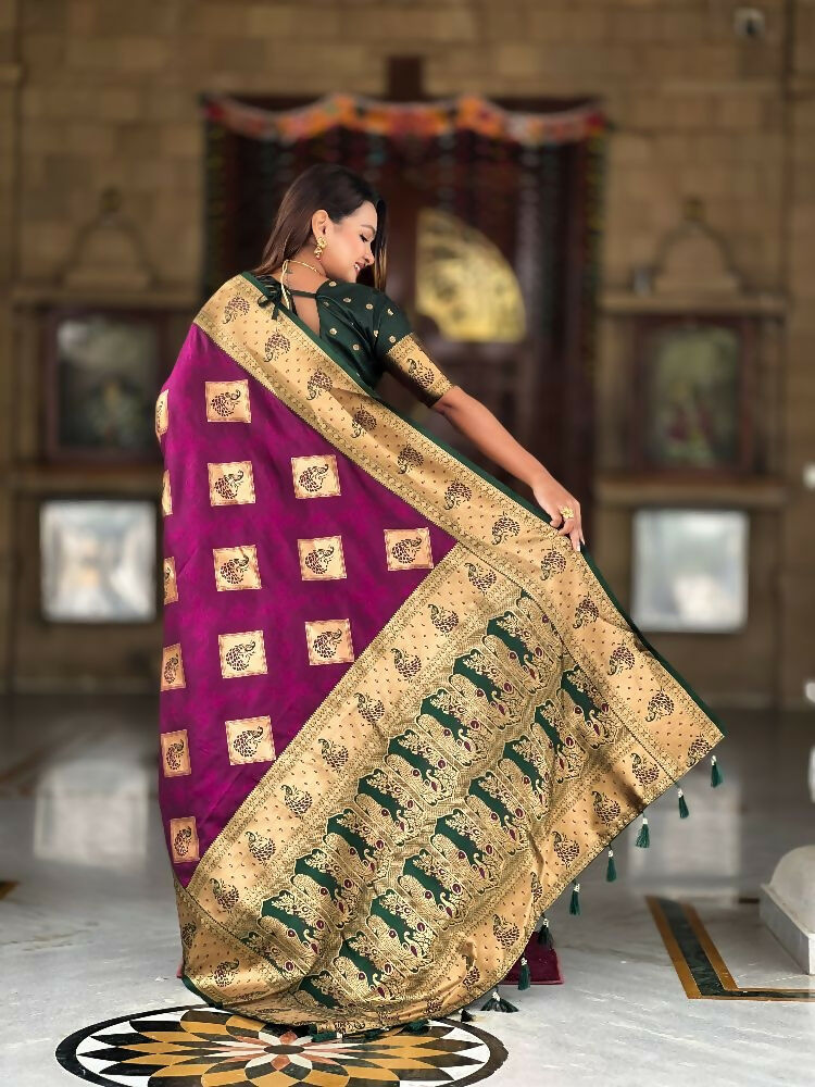 PR Fashion Wine Soft Banarasi Silk With Zari Weaving Meenakari Design Saree