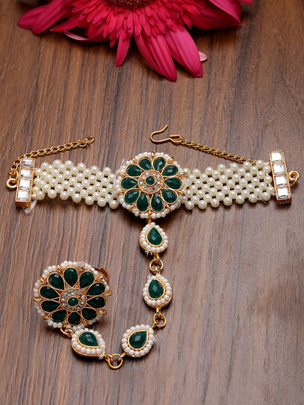 NVR Women's Green Gold-Polished Stone Studded Handcrafted Ring Bracelet