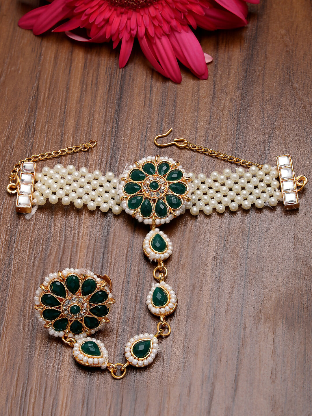 NVR Women's Green Gold-Polished Stone Studded Handcrafted Ring Bracelet