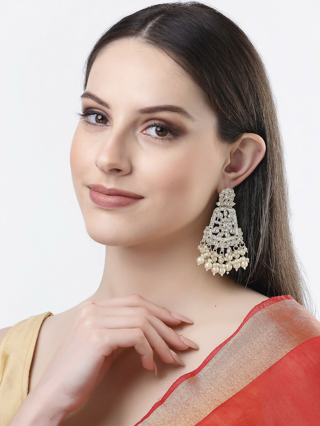 NVR Women Gold-Polished Kundan Drop Earrings