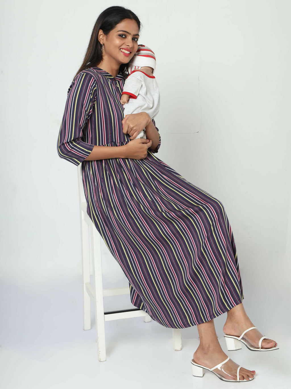 Manet Three Fourth Maternity Dress With Concealed Zipper Nursing Access - Navy Blue