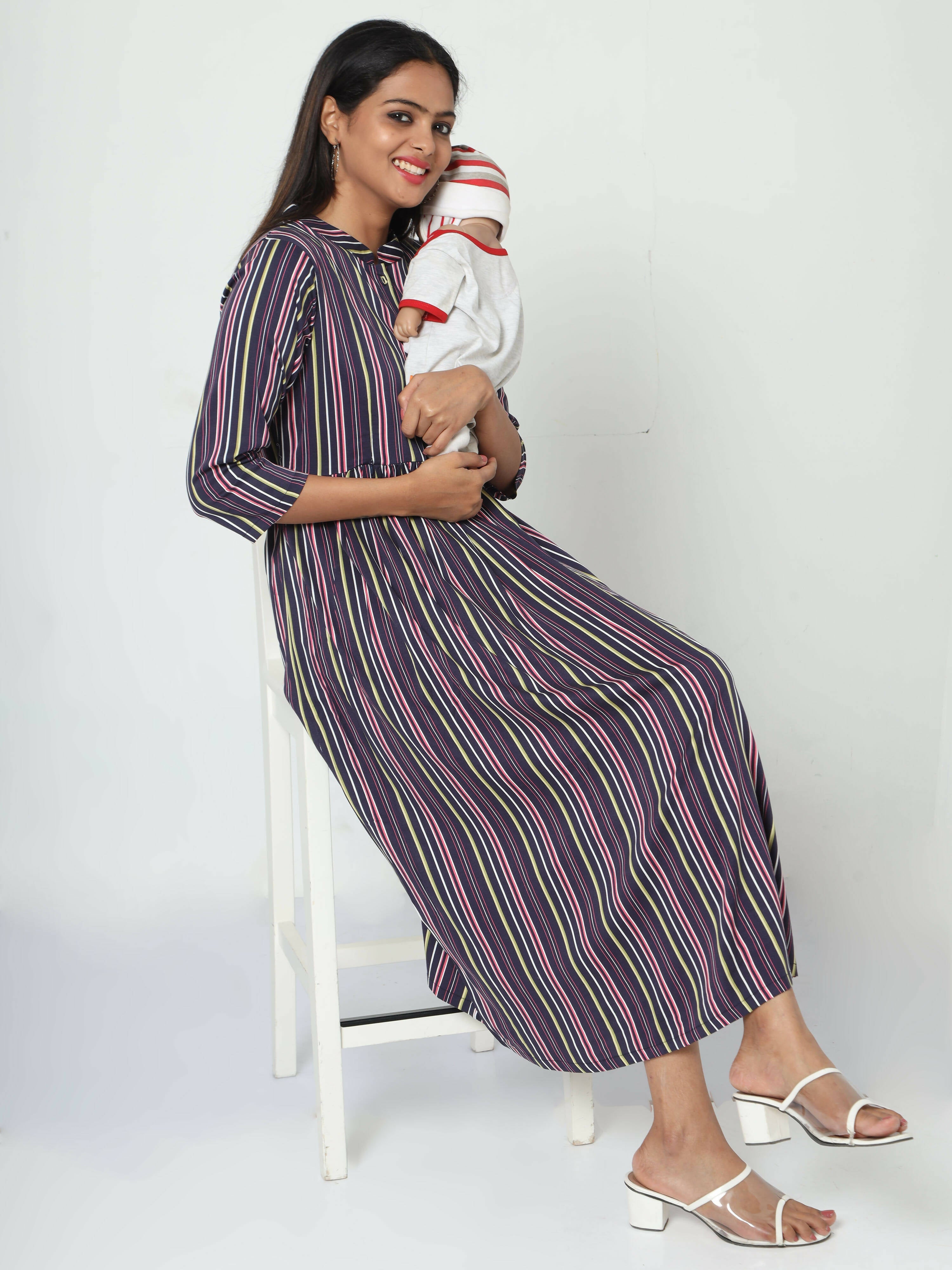 Manet Three Fourth Maternity Dress With Concealed Zipper Nursing Access - Navy Blue