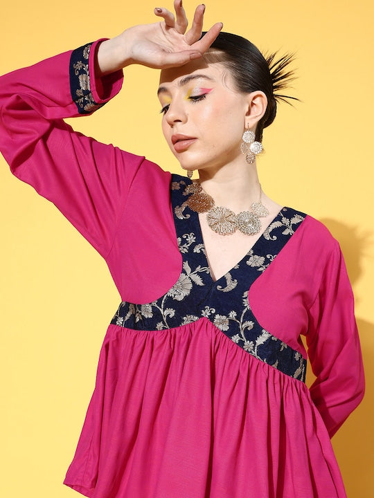 InWeave Women's Fuchsia Blue Brocade Mughal Shaan Kurta Palazzo Set