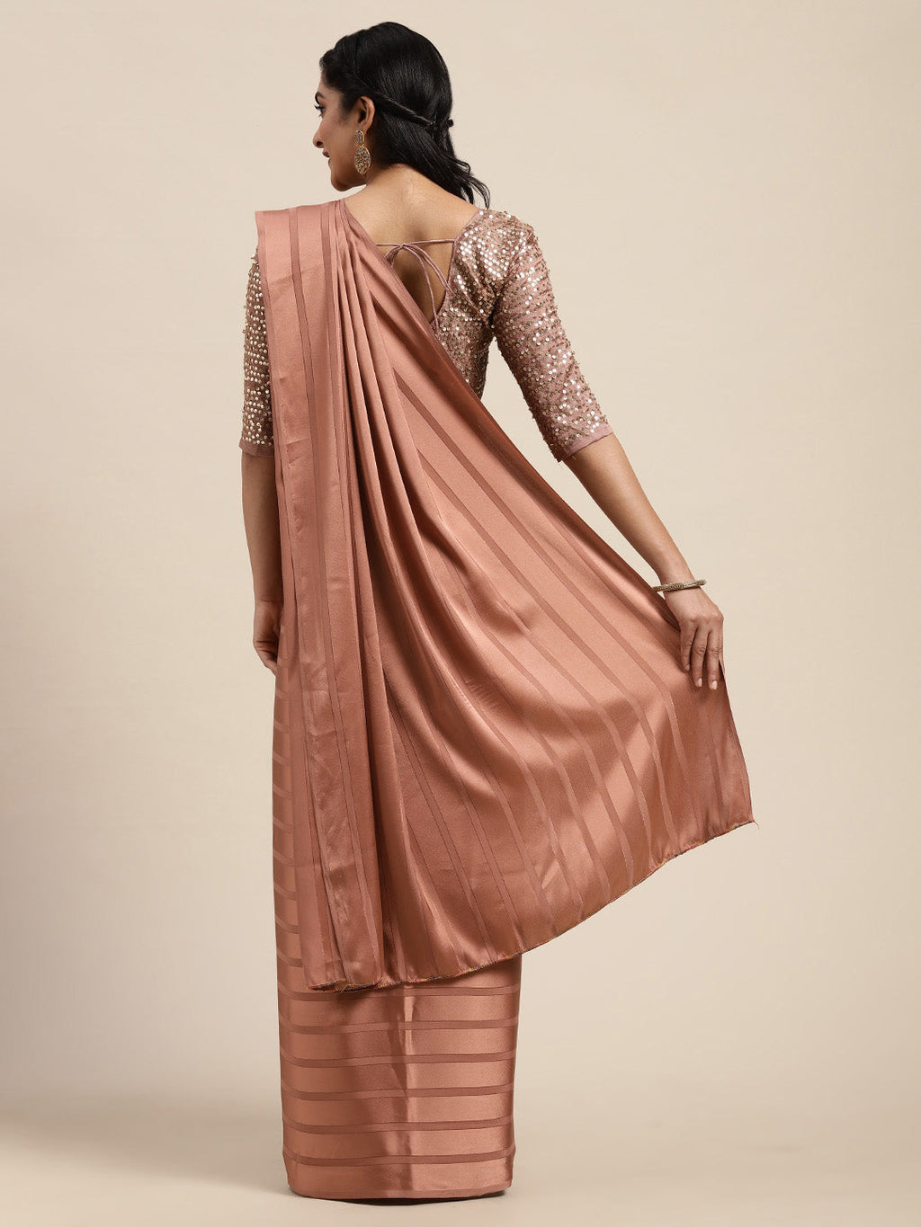 Saree Mall Brown Striped Satin Saree