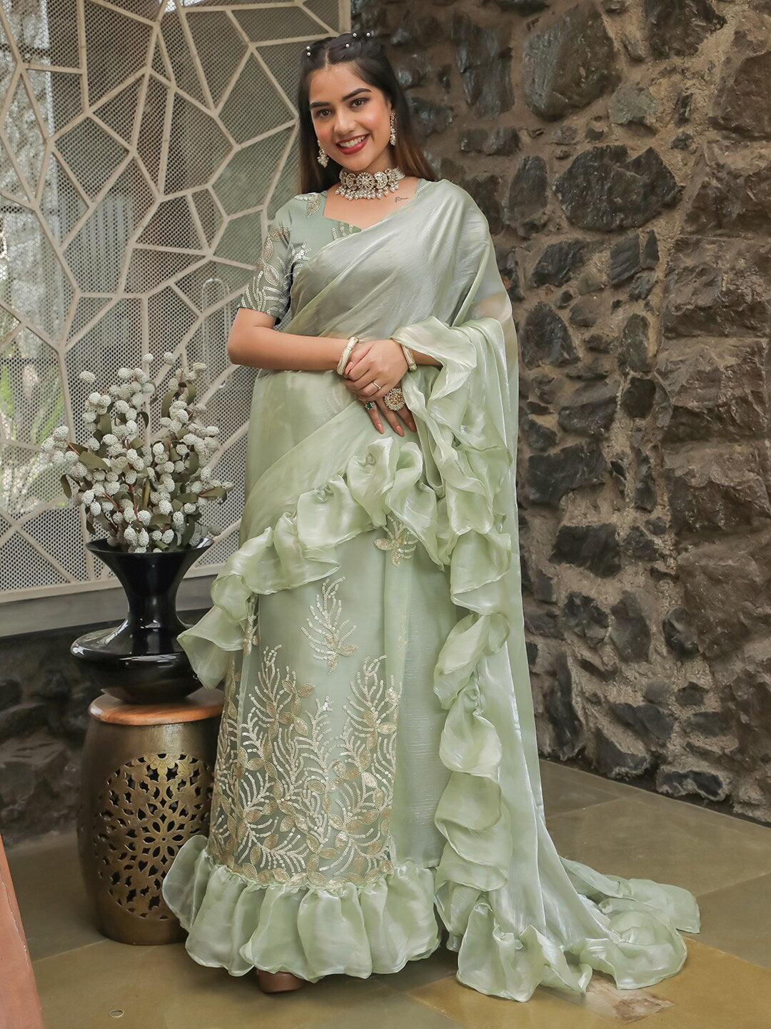 Tikhi Imli Embellished Sequinned Ruffled Ready to Wear Satin Saree