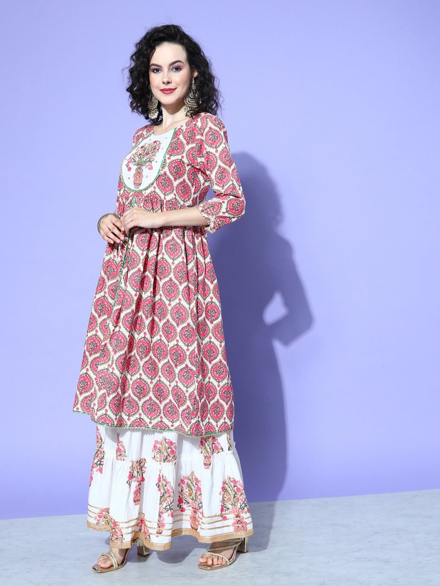 All About You Women White Floral Printed Regular Gotta Patti Pure Cotton Kurta with Skirt & With Dupatta