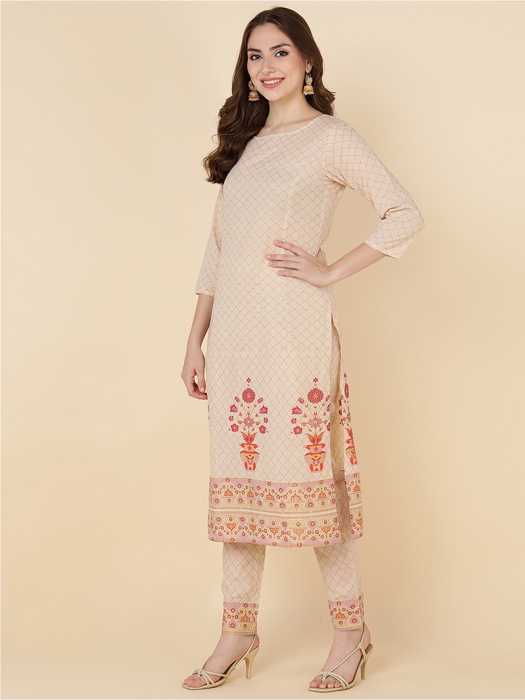 HERE&NOW Women Beige Ethnic Motifs Printed Pure Cotton Kurta with Trousers & Dupatta