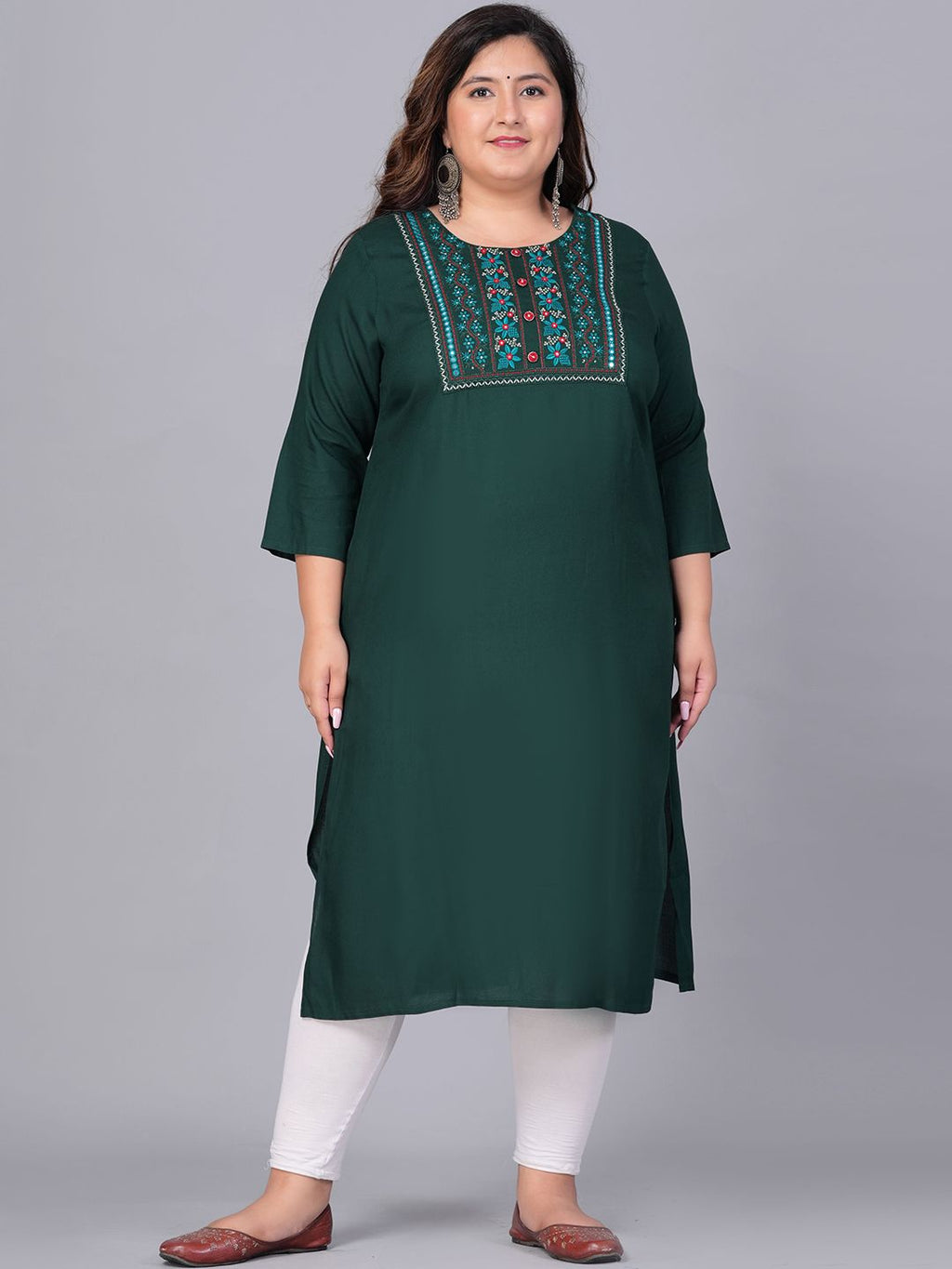 Sztori Plus Size Embroidered Yoke Design Round Neck Three-Quarter Sleeves Straight Kurta