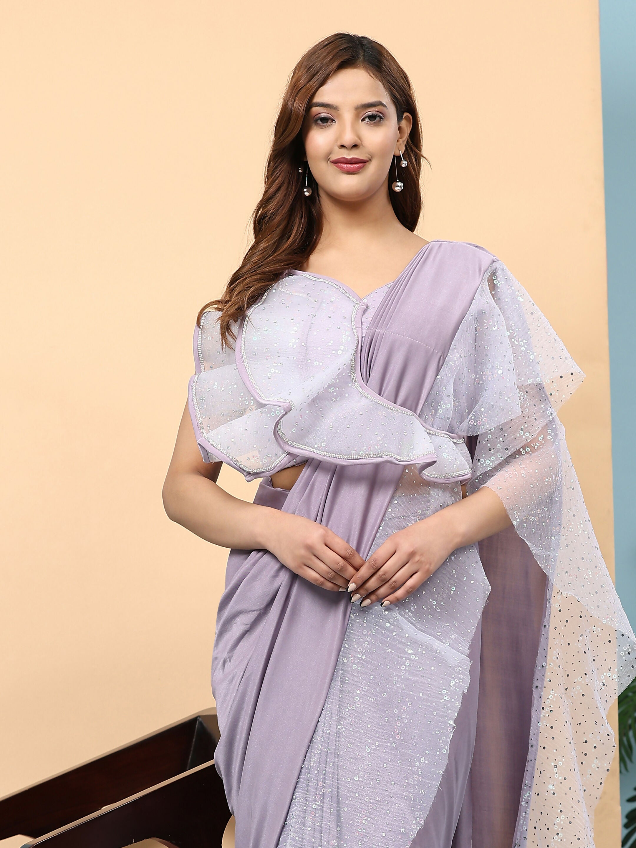 Light Purple Lycra Solid Ready to Wear Saree with stitched Blouse - Nita